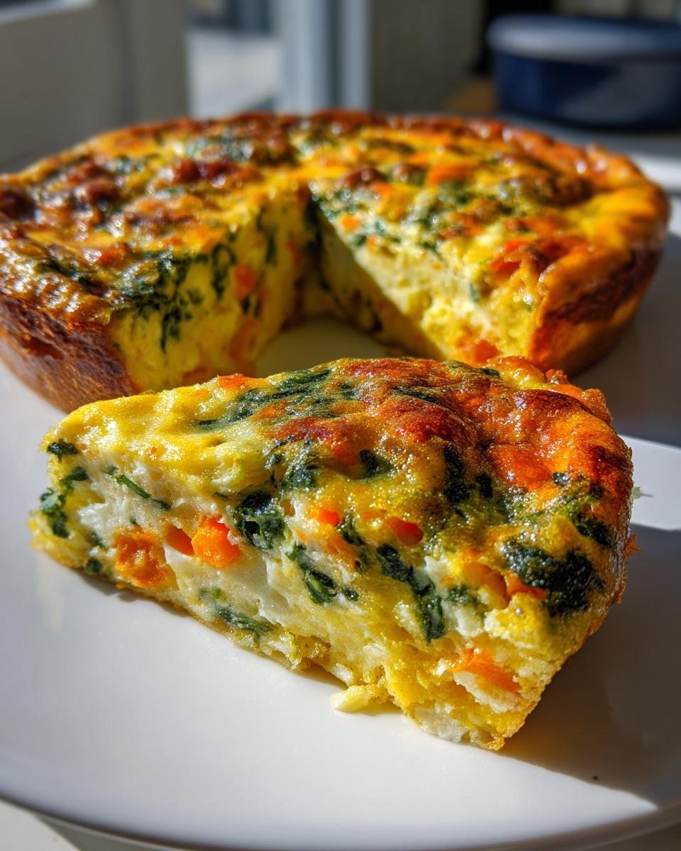 A close-up slice of Delicious Crustless Vegetable Quiche filled with spinach and carrots, sitting in front of the rest of the baked dish.