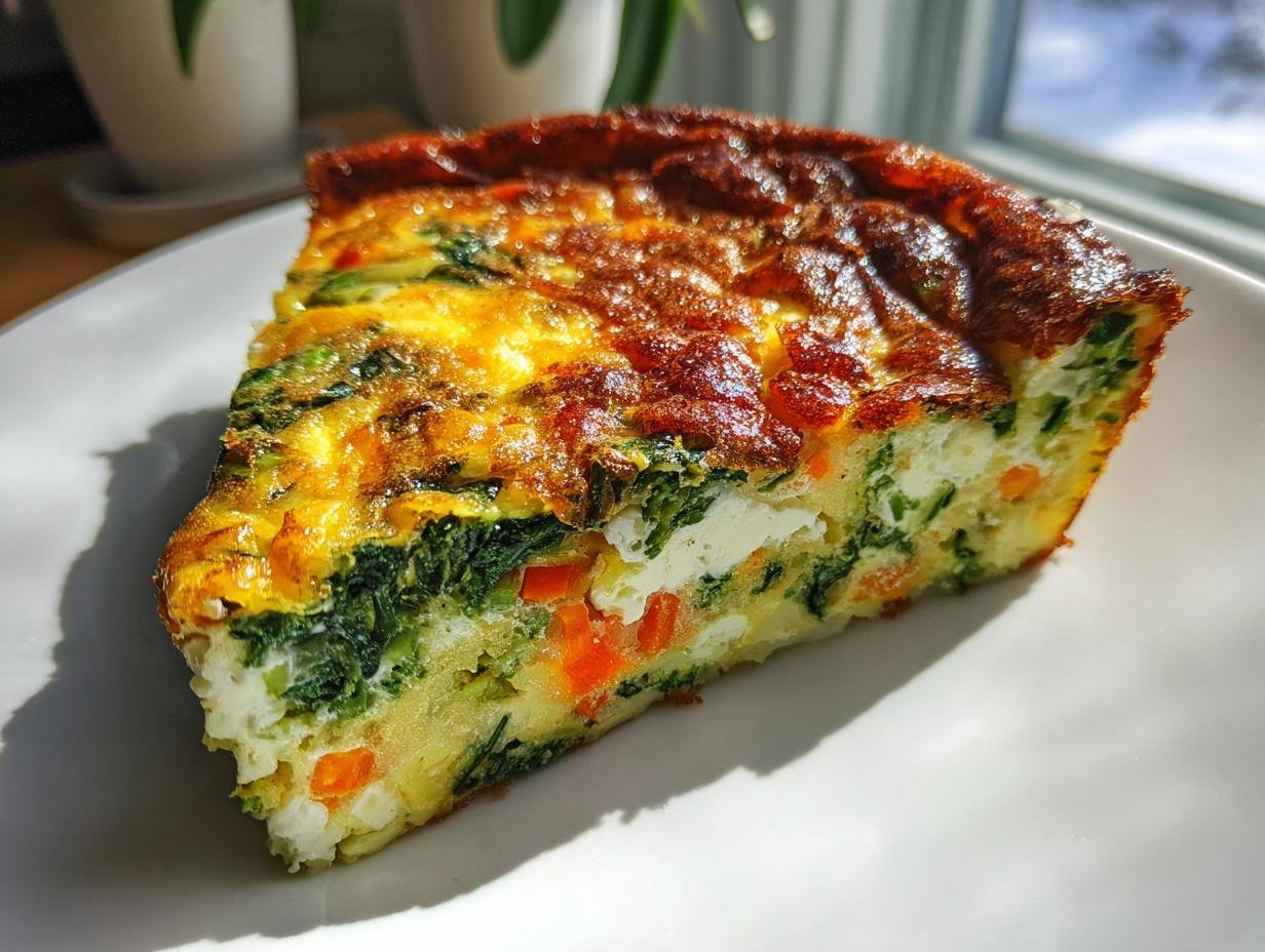 A golden-brown slice of Delicious Crustless Vegetable Quiche filled with spinach and orange vegetables on a white plate.