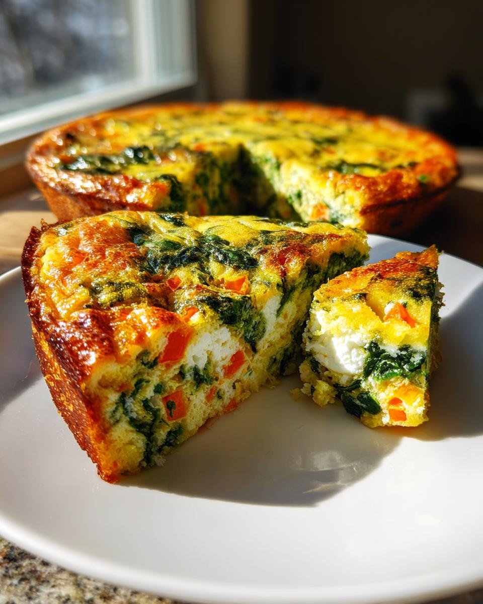 Two slices of Delicious Crustless Vegetable Quiche featuring spinach, orange peppers, and white cheese on a white plate.