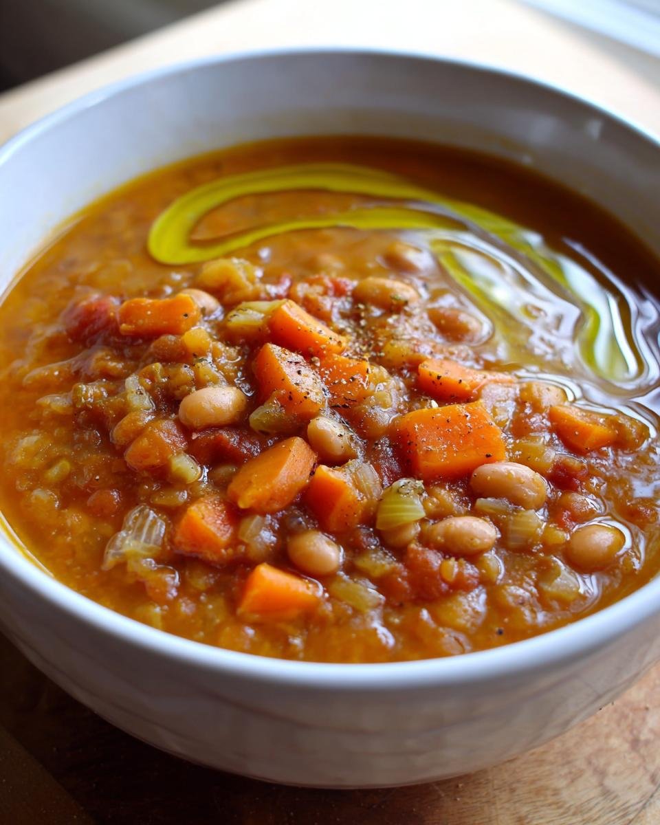 Close-up of a bowl of Delicious Pinto Bean Soup Recipe, thick with vegetables and topped with olive oil.