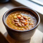 A close-up of a bowl of thick, Delicious Pinto Bean Soup, topped with whole pinto beans, carrots, and a swirl of olive oil.