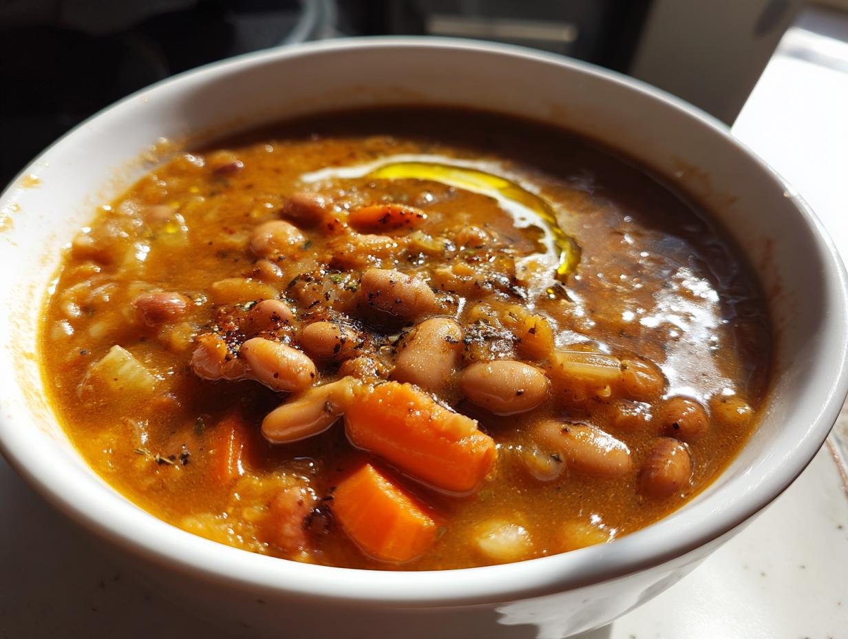A close-up view of a hearty bowl of Delicious Pinto Bean Soup, featuring pinto beans, carrots, and a swirl of cream or oil.