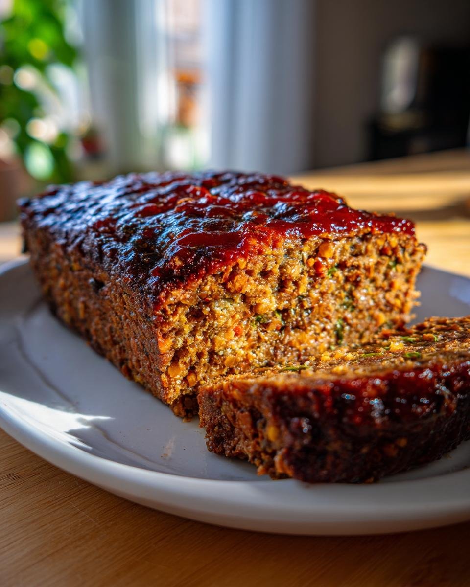 A close-up of a Delicious Vegan Meatloaf Recipe, glazed with a rich sauce and sliced on a white plate.