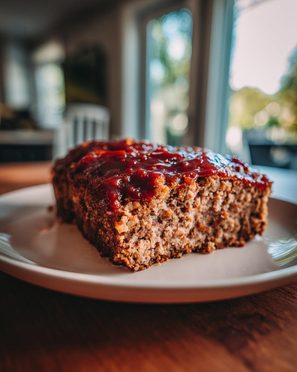 A thick slice of Delicious Vegan Meatloaf Recipe topped with a rich, dark red glaze, served on a white plate.