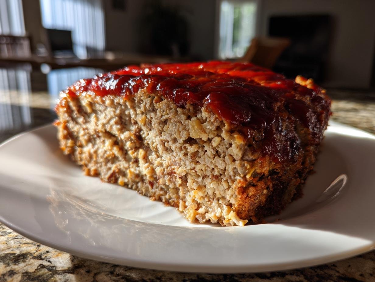 Close-up of a thick slice of Delicious Vegan Meatloaf Recipe topped with a shiny red glaze.