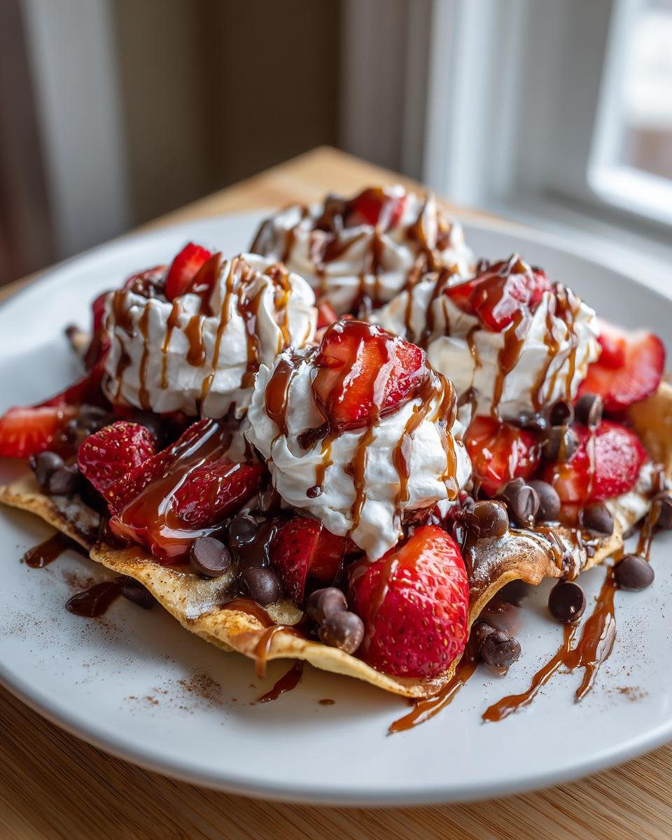 Close-up of Dessert Nachos With Cinnamon Sugar Tortilla Chips topped with whipped cream, strawberries, and caramel drizzle.