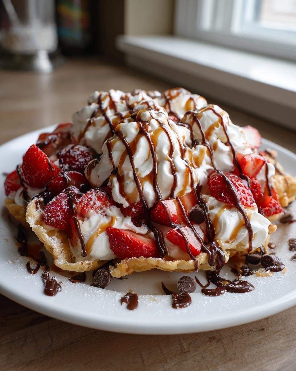 Close-up of Dessert Nachos With Cinnamon Sugar Tortilla Chips topped with whipped cream, strawberries, and chocolate drizzle.