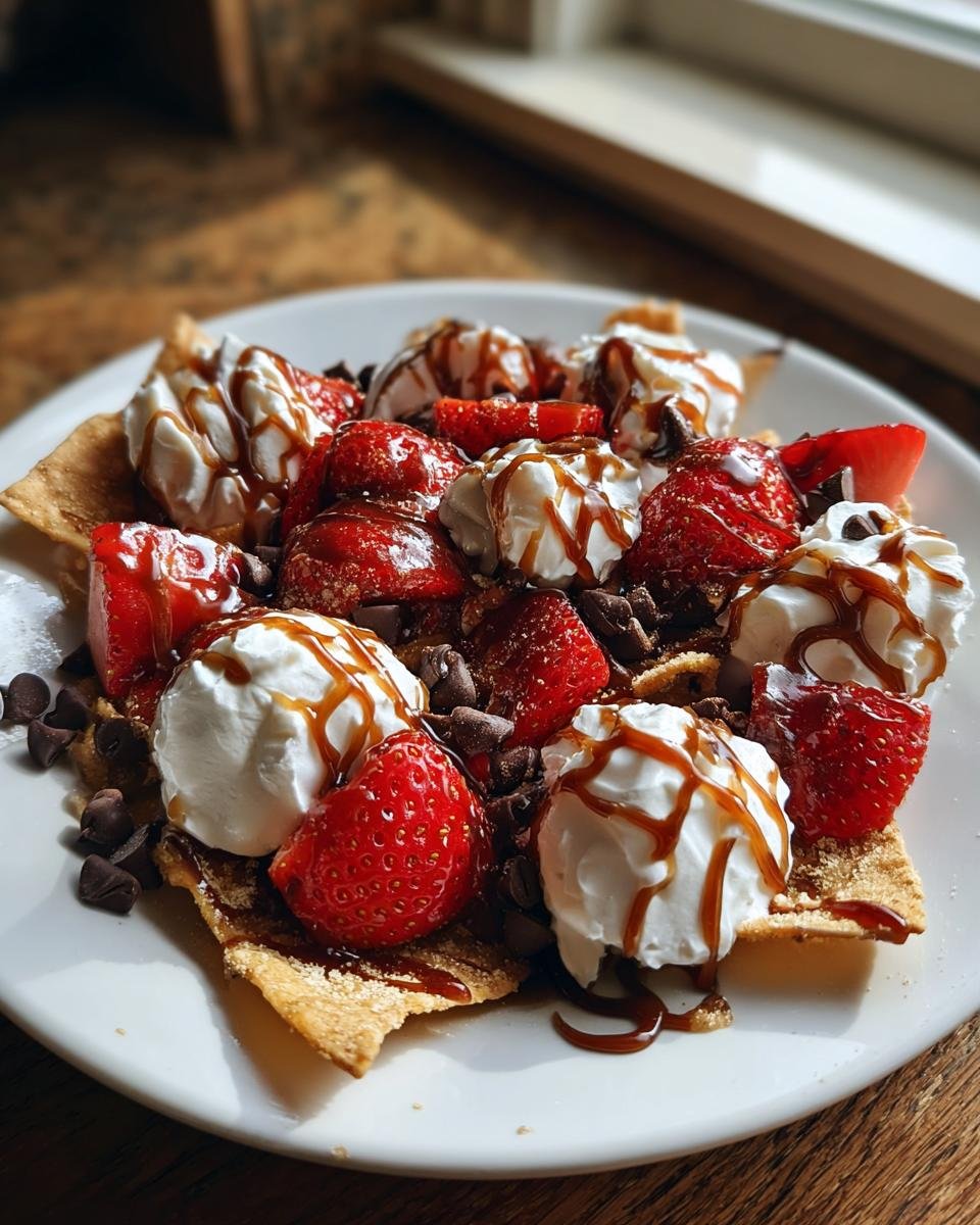 A plate of Dessert Nachos With Cinnamon Sugar Tortilla Chips topped with strawberries, whipped cream, and caramel drizzle.