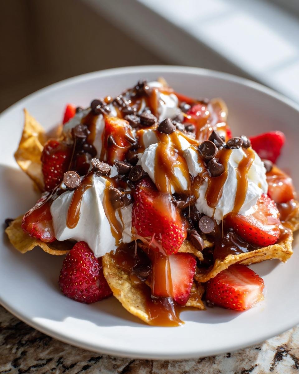 A plate of Dessert Nachos With Cinnamon Sugar Tortilla Chips topped with whipped cream, strawberries, chocolate chips, and caramel sauce.