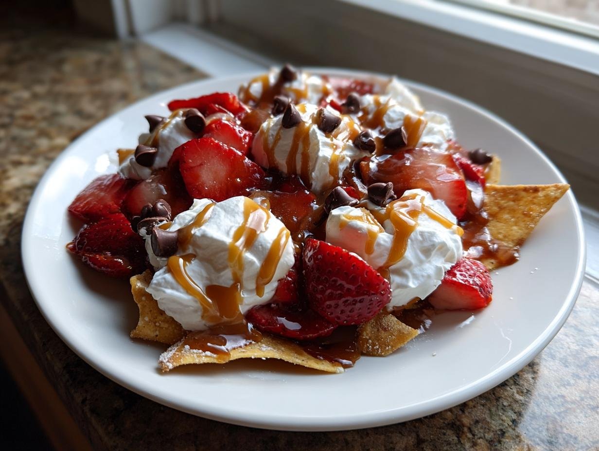 A plate of Dessert Nachos With Cinnamon Sugar Tortilla Chips topped with strawberries, whipped cream, and caramel.
