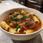 A close-up of a white bowl filled with Easy Flavorful Rigatoni Meatball Soup, showing meatballs, rigatoni pasta, and fresh parsley.