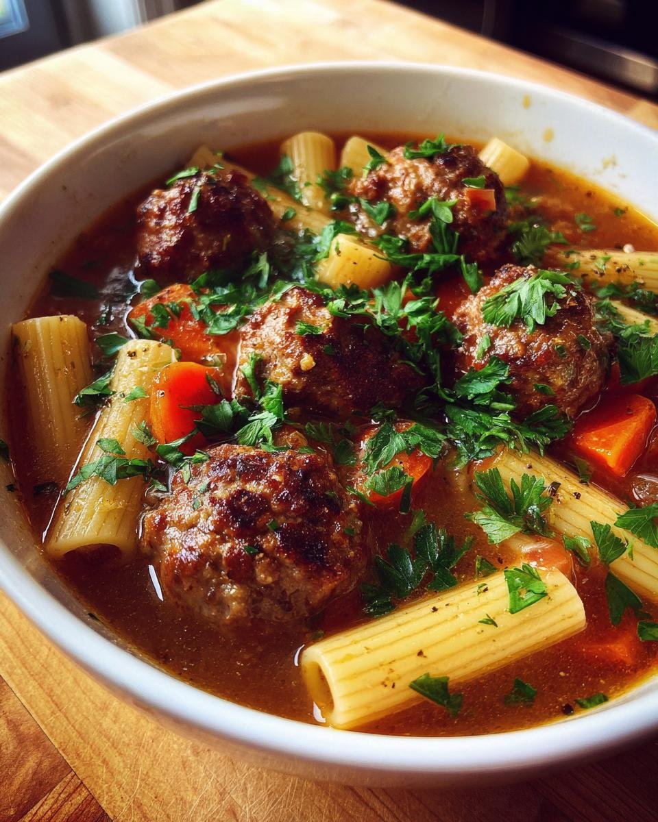 Close-up of a white bowl filled with Easy Flavorful Rigatoni Meatball Soup, featuring meatballs, rigatoni pasta, and fresh parsley.