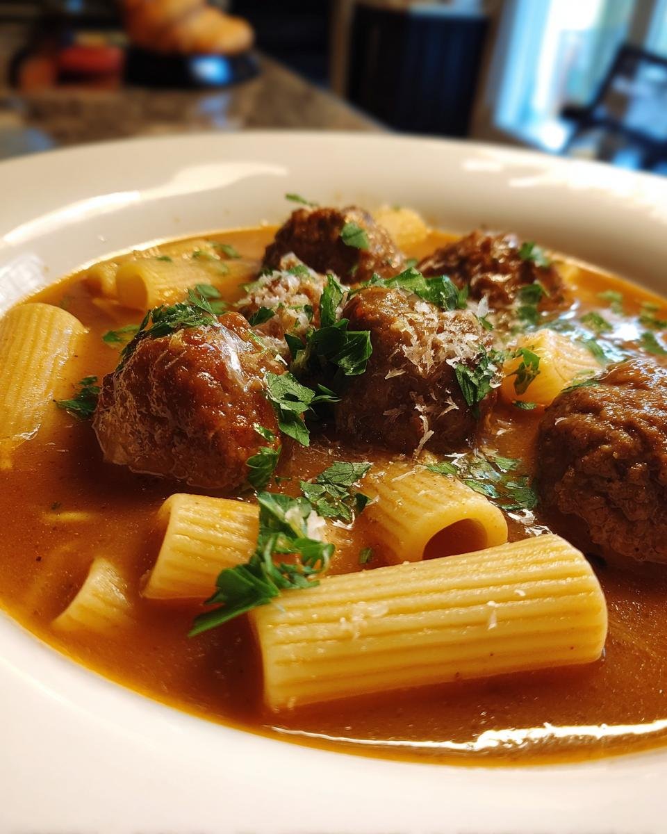 A close-up serving of Easy Flavorful Rigatoni Meatball Soup featuring meatballs, rigatoni pasta, and fresh parsley.