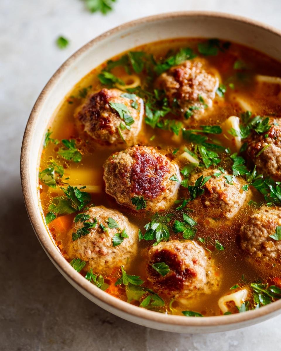 A close-up of a bowl filled with Easy Flavorful Rigatoni Meatball Soup, featuring browned meatballs and fresh parsley garnish.