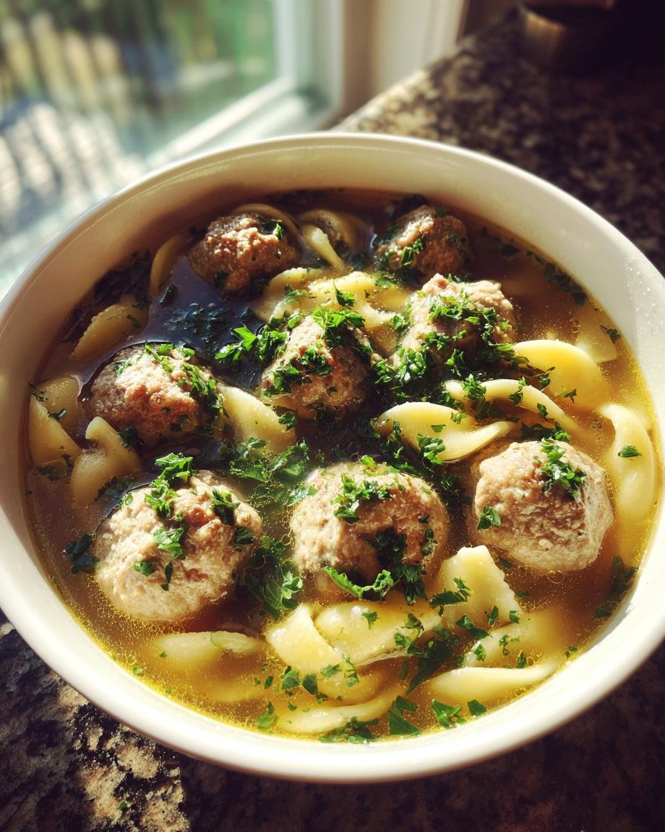 A close-up of a white bowl filled with Easy Flavorful Rigatoni Meatball Soup, featuring meatballs and pasta in broth, topped with parsley.