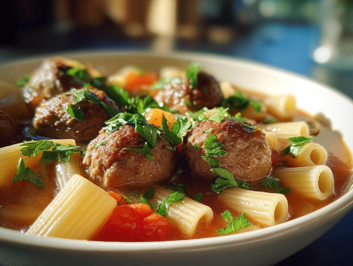 A close-up of a bowl of Easy Flavorful Rigatoni Meatball Soup featuring meatballs, rigatoni pasta, and fresh parsley garnish.