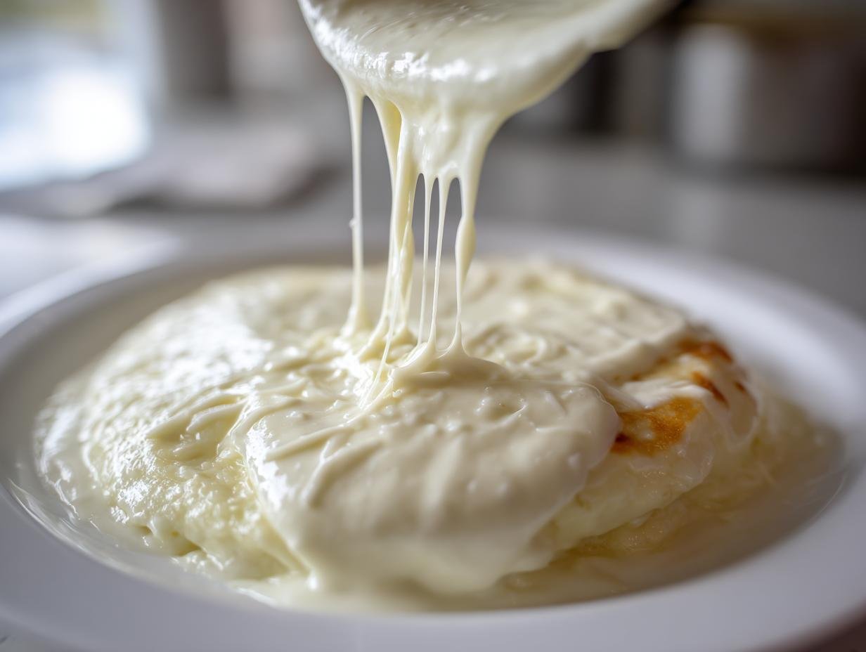 Close-up of thick, creamy Easy Garlic Parmesan Sauce being drizzled from a spoon, showing excellent cheese pull over a dish.