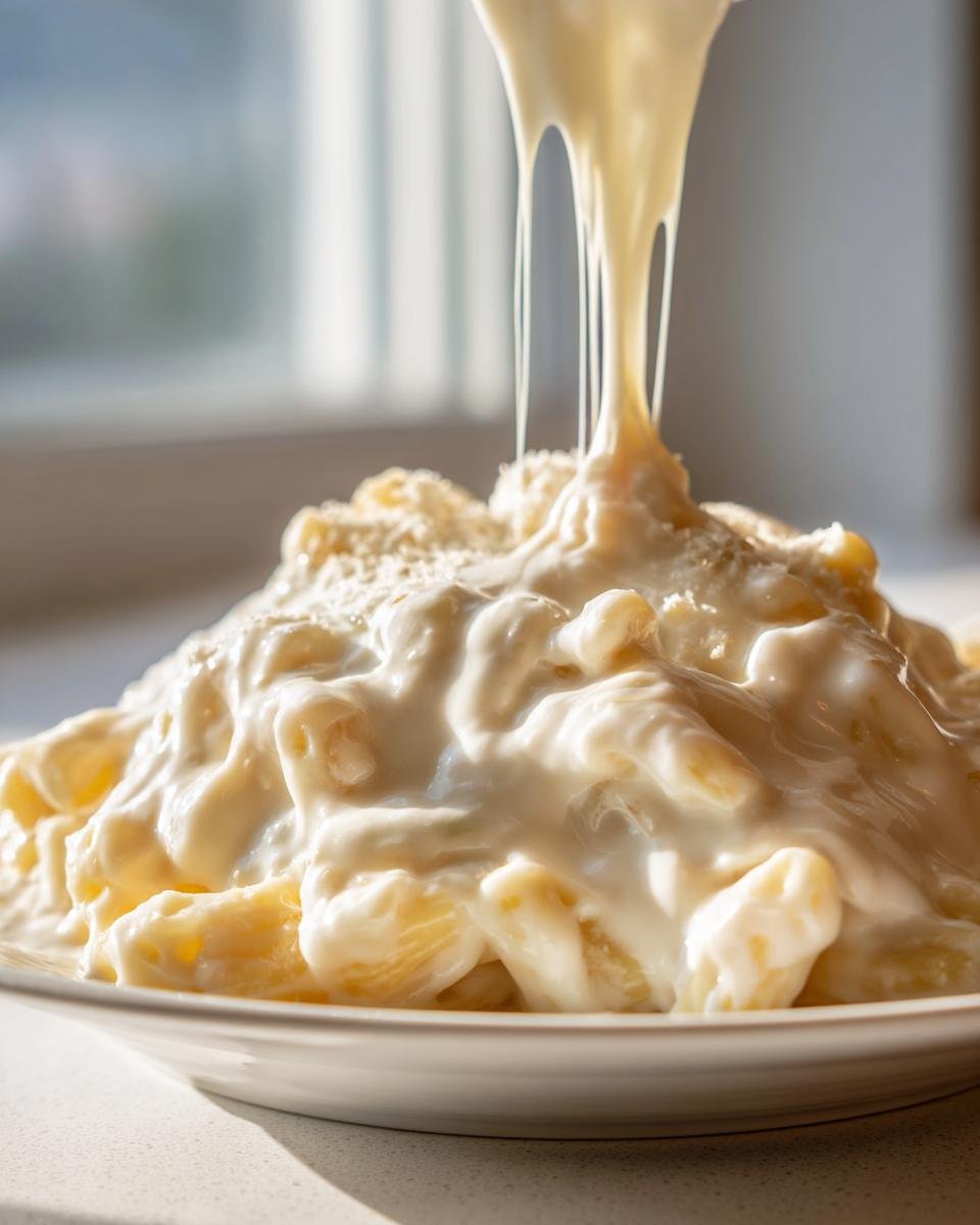Thick, creamy Easy Garlic Parmesan Sauce being poured over a mound of pasta on a white plate.