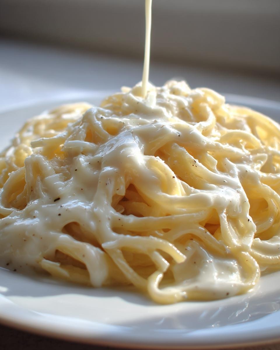 Close-up of spaghetti being covered with a stream of Easy Garlic Parmesan Sauce, seasoned with black pepper.