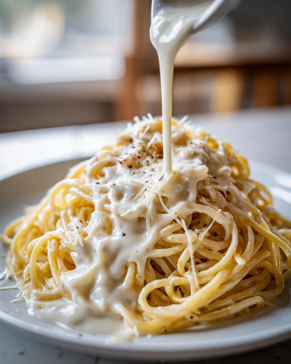 A ladle pouring creamy Easy Garlic Parmesan Sauce over a mound of spaghetti topped with grated cheese.