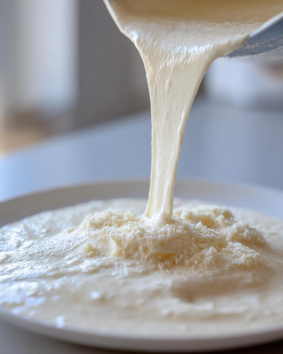 Close-up of thick Easy Garlic Parmesan Sauce being poured onto a plate, showing its creamy texture and grated cheese.