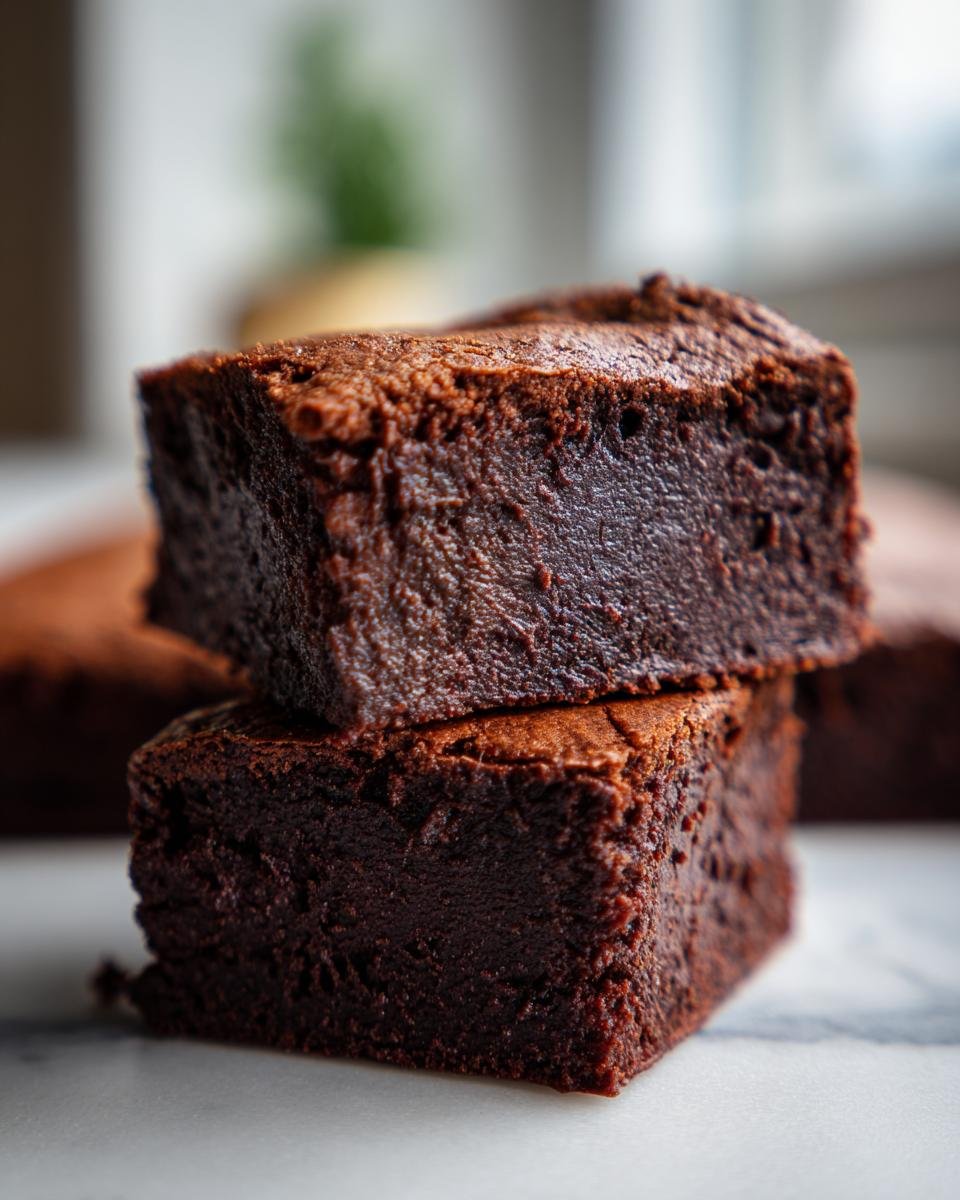 Two stacked, thick, fudgy squares of Irresistible Easy Red Bean Brownies Recipe on a marble surface.