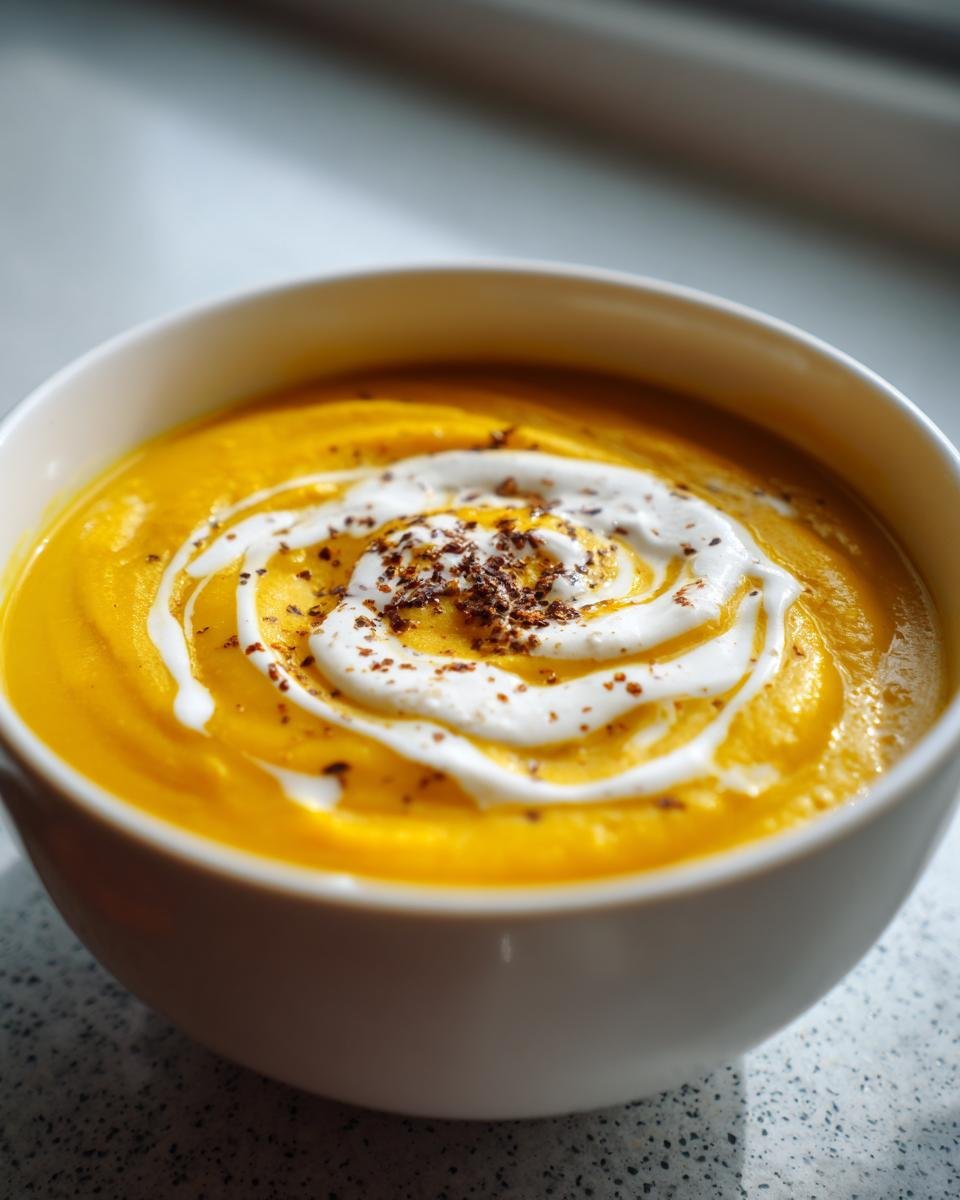 Close-up of vibrant orange Easy Roasted Butternut Squash Soup topped with a swirl of cream and dark spice.
