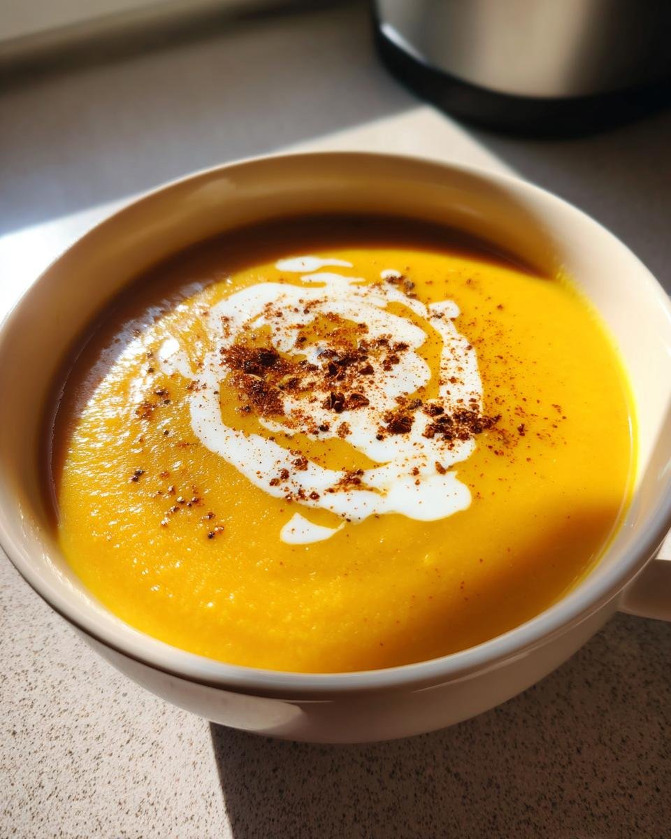 Close-up of a bowl of vibrant orange Easy Roasted Butternut Squash Soup topped with cream swirl and spices.