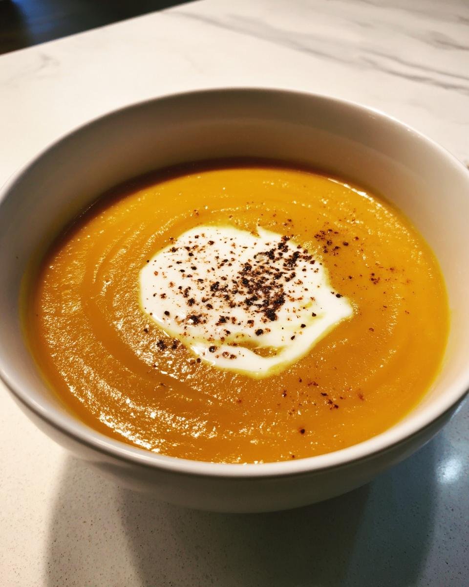 A close-up of creamy Easy Roasted Butternut Squash Soup topped with a dollop of cream and cracked black pepper.