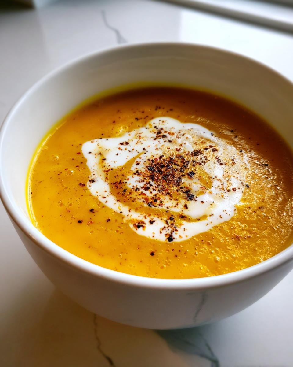 Close-up of a bowl of vibrant orange Easy Roasted Butternut Squash Soup, topped with a swirl of cream and black pepper.