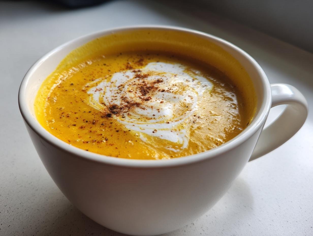 Close-up of Easy Roasted Butternut Squash Soup, bright orange, topped with cream swirl and spices in a white mug.