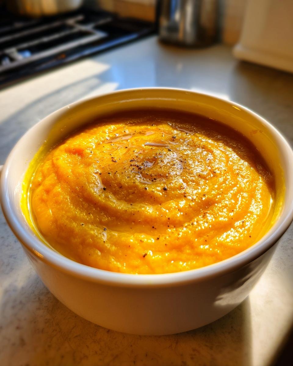 Close-up of a creamy, vibrant orange Fall Detox Sweet Potato Veggie Soup topped with cracked pepper and oil.
