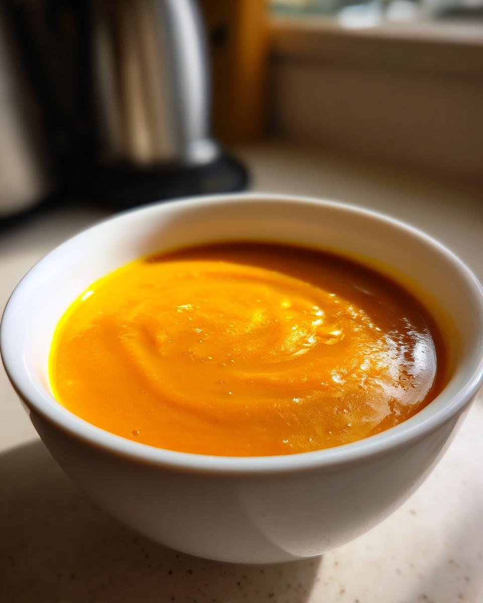 Close-up of a white bowl filled with bright orange, creamy Fall Detox Sweet Potato Veggie Soup.