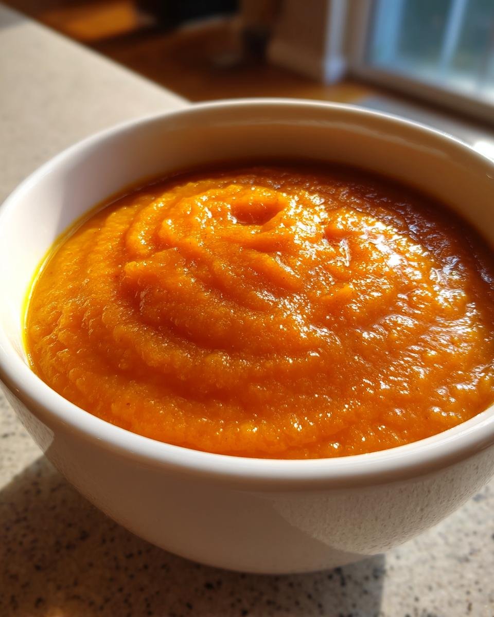 A close-up of thick, vibrant orange Fall Detox Sweet Potato Veggie Soup swirled in a white bowl.