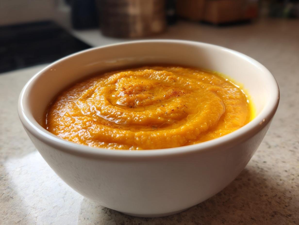 Close-up of a white bowl filled with thick, vibrant orange Fall Detox Sweet Potato Veggie Soup, drizzled with oil.