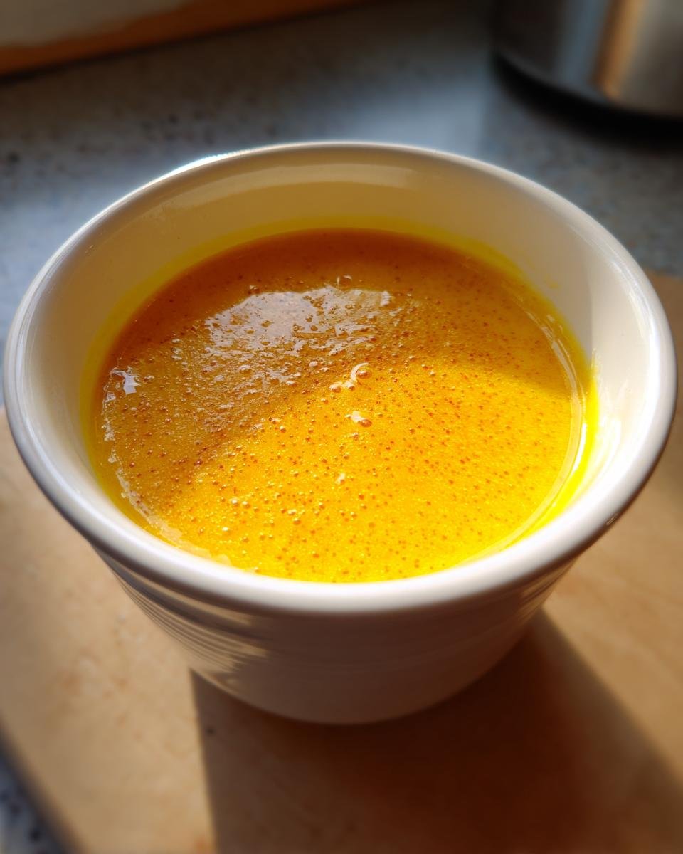 Close-up of bright orange-yellow blended Fall Detox Sweet Potato Veggie Soup in a white mug.