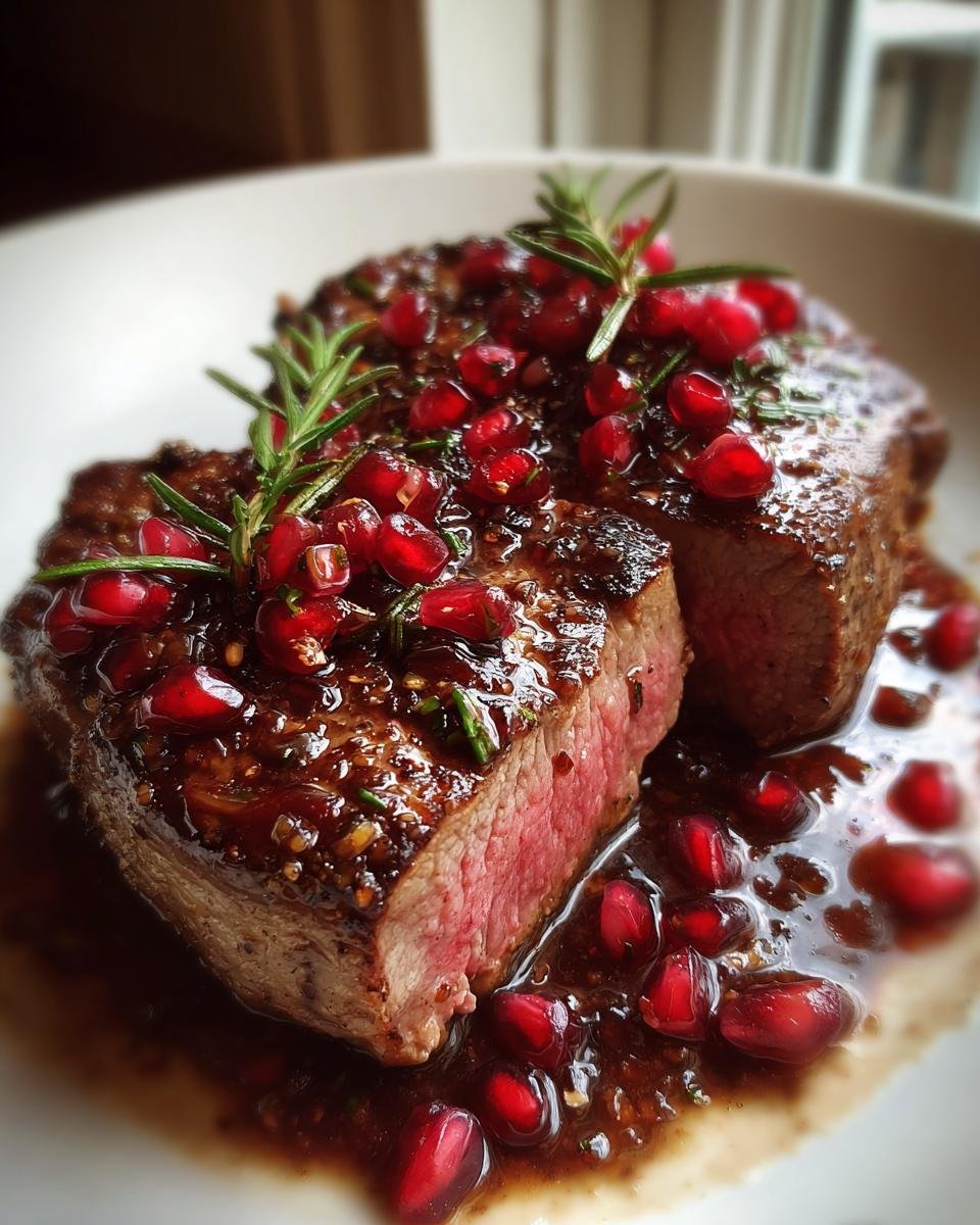 Close-up of medium-rare Fancy Pomegranate Lamb Chops topped with bright red pomegranate seeds and rosemary.