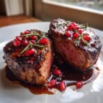 Two medium-rare Fancy Pomegranate Lamb Chops glazed with sauce and topped with bright red pomegranate seeds and rosemary.