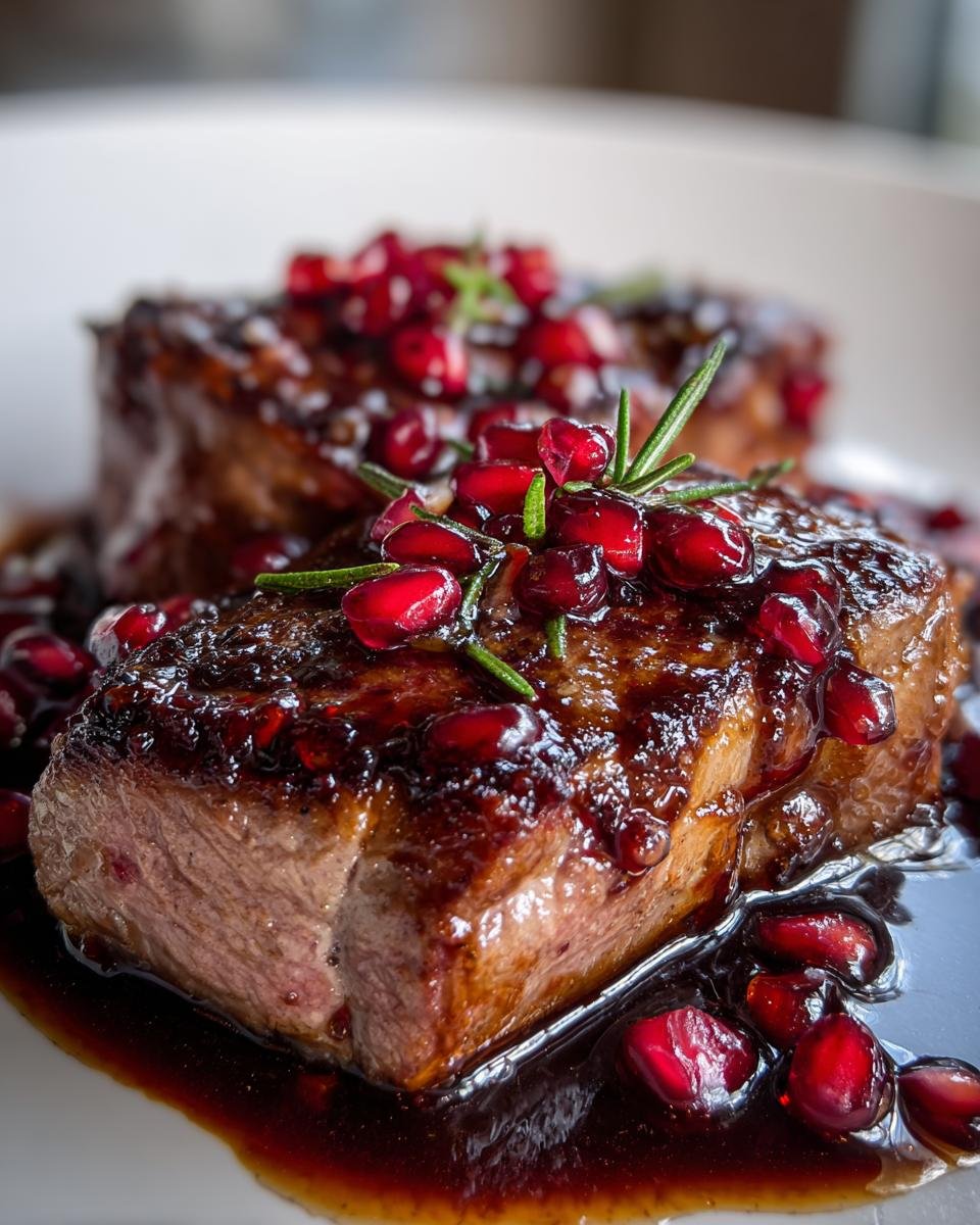 Close-up of perfectly cooked Fancy Pomegranate Lamb Chops topped with bright red pomegranate seeds and rosemary.
