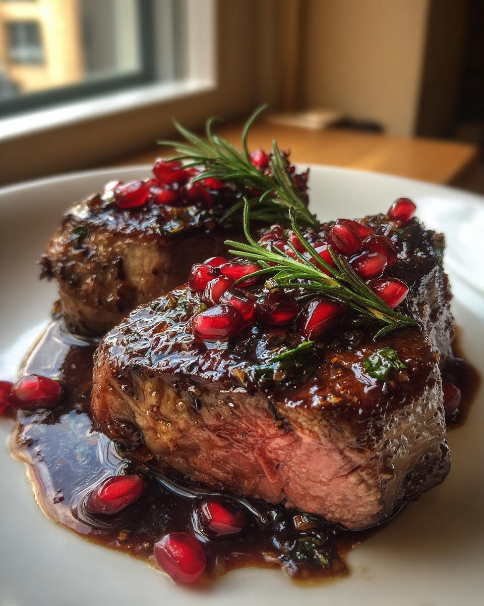 Two perfectly cooked Fancy Pomegranate Lamb Chops glazed with a dark sauce, topped with bright red pomegranate seeds and rosemary sprigs.