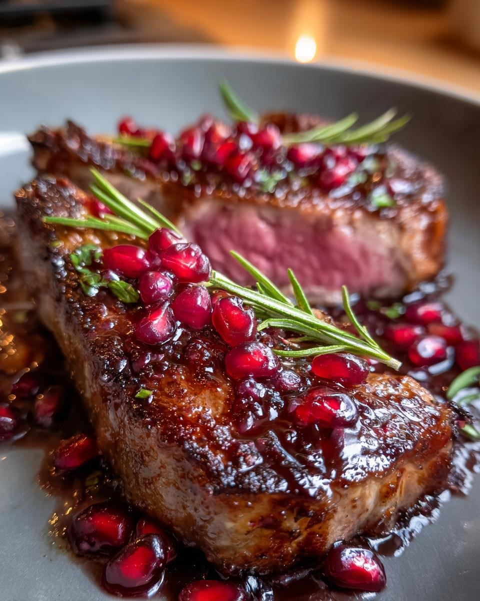 Close-up of perfectly seared Fancy Pomegranate Lamb Chops topped with a rich glaze, bright red pomegranate seeds, and fresh rosemary sprigs.