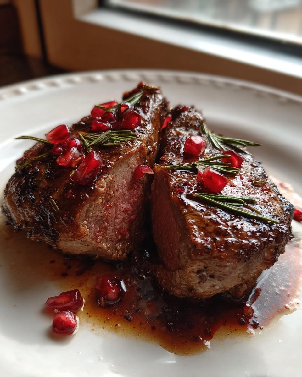 Two medium-rare Fancy Pomegranate Lamb Chops drizzled with sauce, topped with bright red pomegranate seeds and rosemary sprigs.