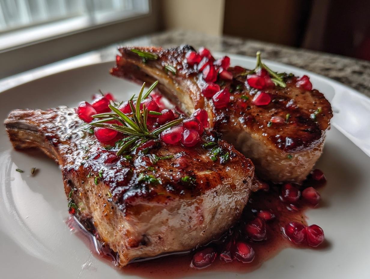 Two glazed Fancy Pomegranate Lamb Chops garnished with fresh rosemary and bright red pomegranate seeds.