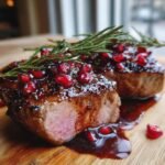 Two perfectly cooked Fancy Pomegranate Lamb Chops, sliced to show medium-rare interior, topped with glaze, pomegranate seeds, and rosemary.