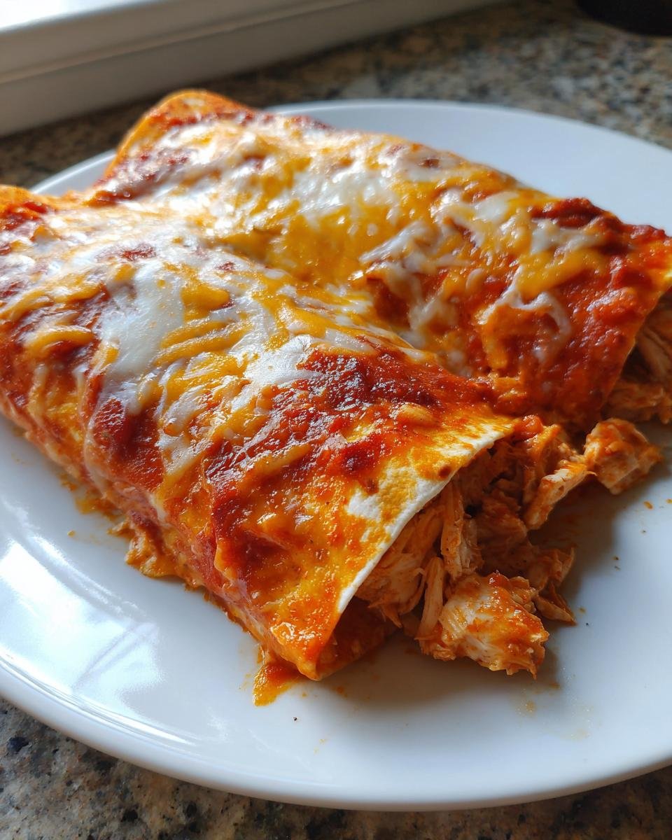 Two cheesy Chicken Enchiladas covered in red sauce and melted cheese, showing shredded chicken filling spilling out.
