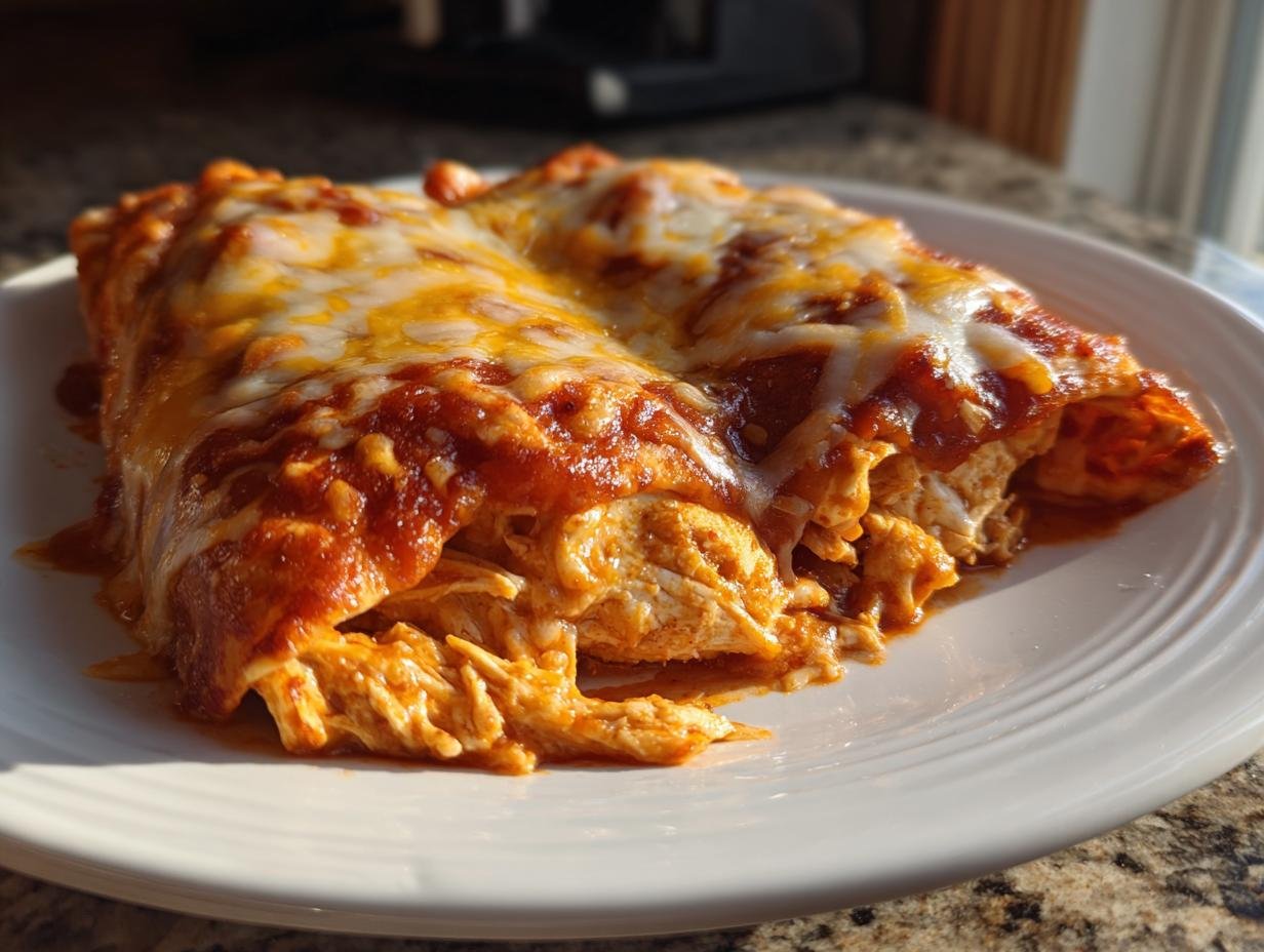 Close-up of two cheesy Chicken Enchiladas covered in red sauce and melted Monterey Jack cheese.