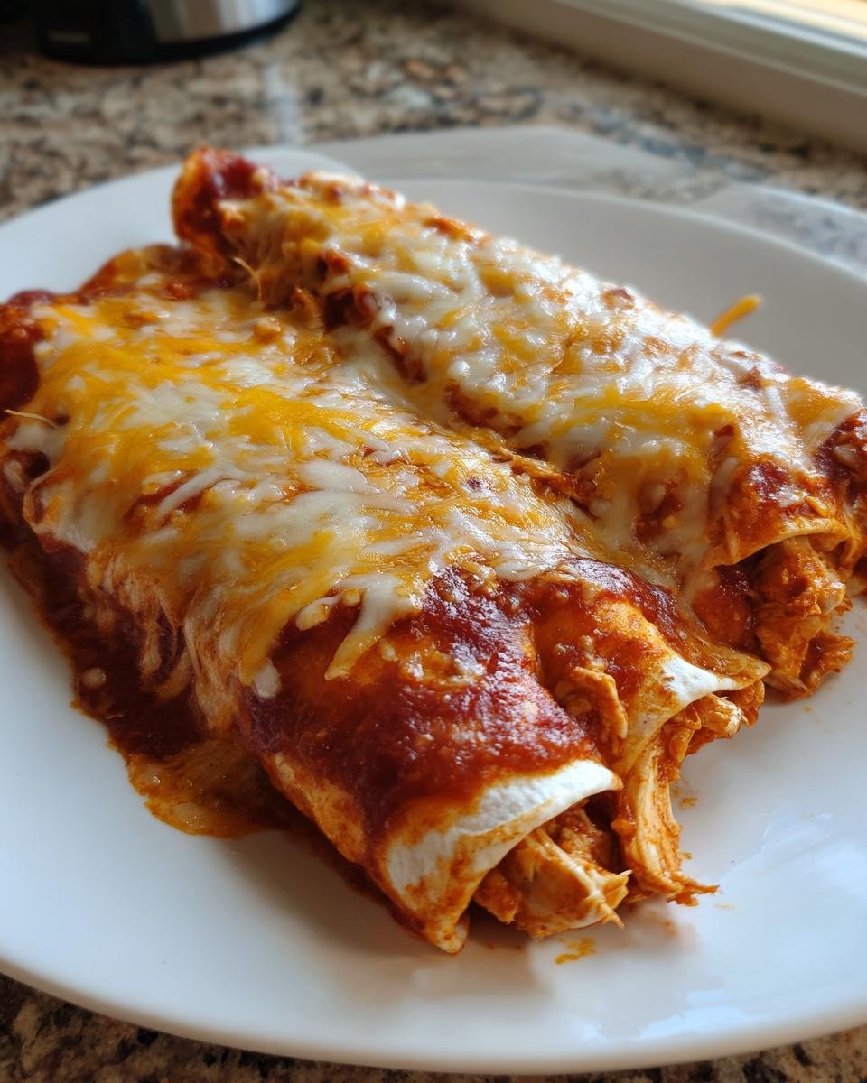 Two freshly baked Chicken Enchiladas covered in red sauce and melted white and cheddar cheese.