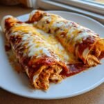 Two rolled Chicken Enchiladas smothered in red sauce and melted white and yellow cheese.