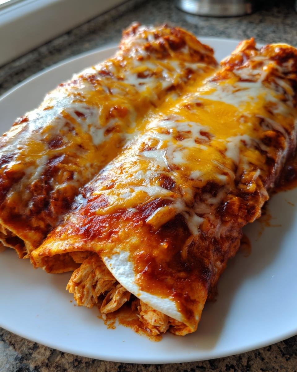 Two baked Chicken Enchiladas smothered in red sauce and melted cheddar and Monterey Jack cheese.
