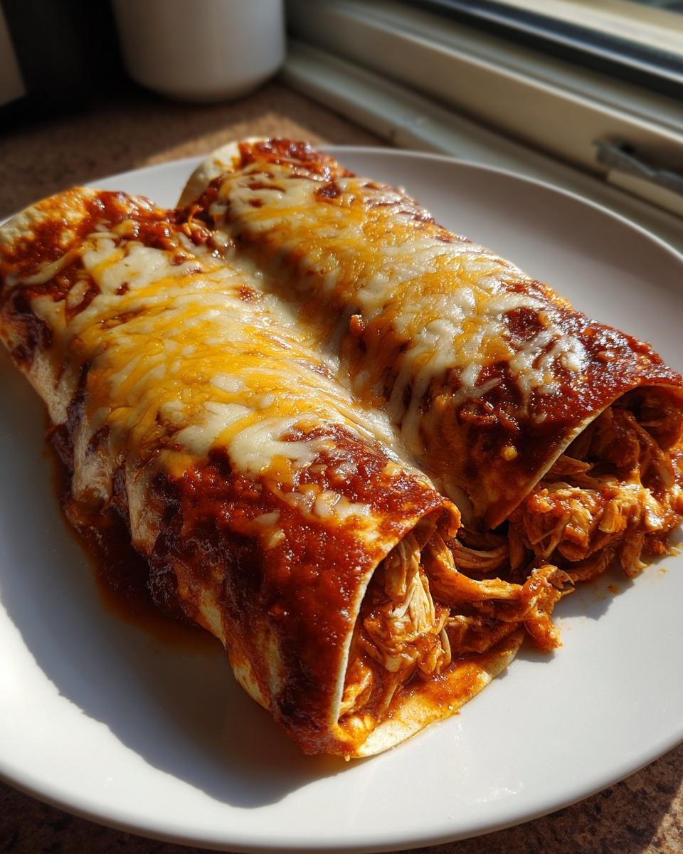 Two rolled Chicken Enchiladas covered in red sauce and melted orange and white cheese.